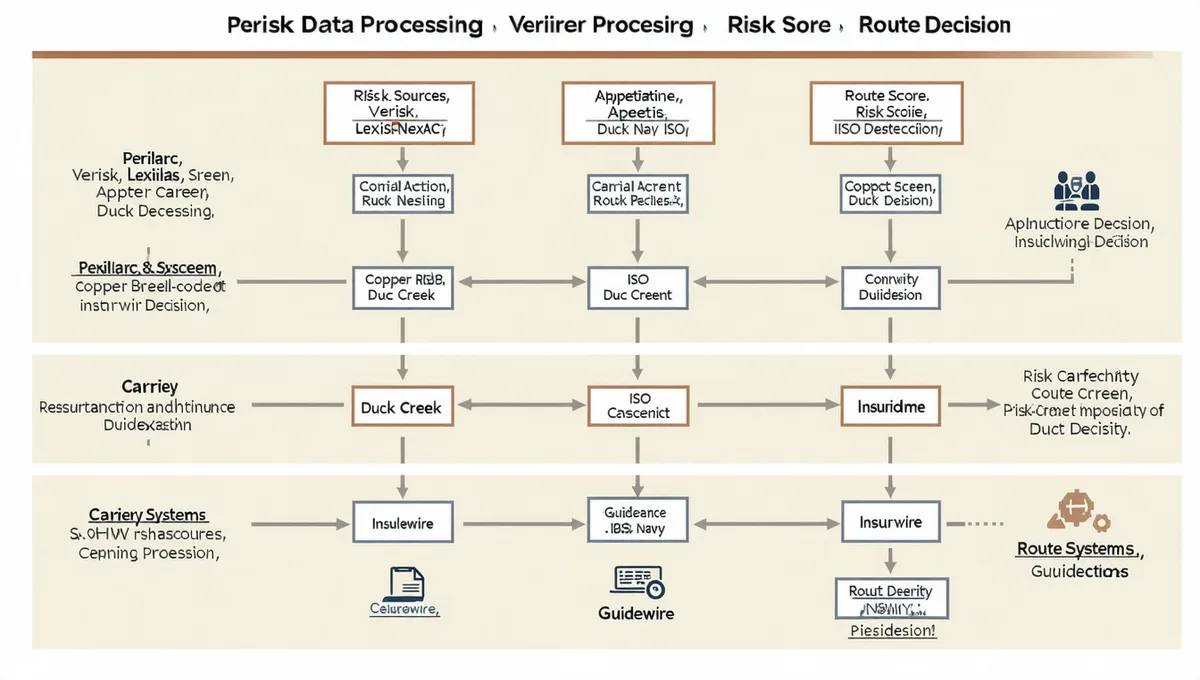 Perilarc platform architecture showing three-tier data flow from external risk data sources through the UW processing layer to carrier policy system outputs
